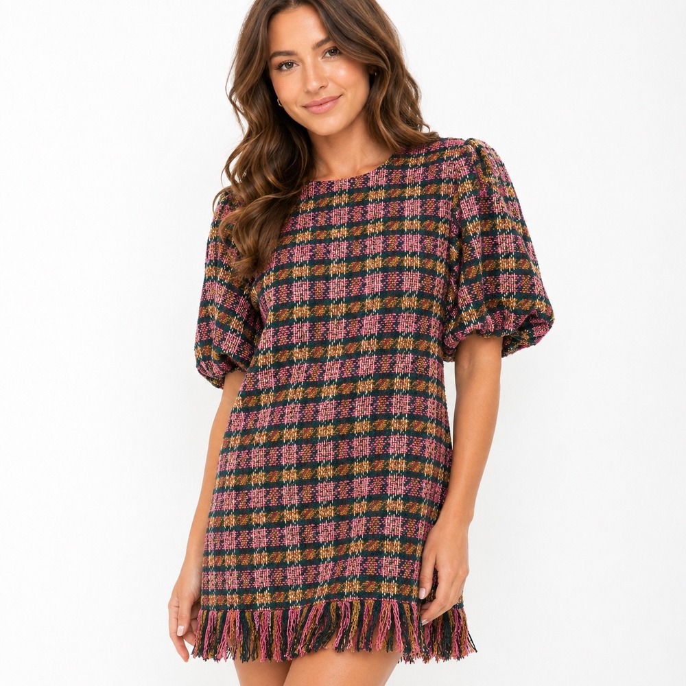 Prosperina Cecelia Tweed Mini Dress Womens XS Pink Plaid Fringe NWT Fall